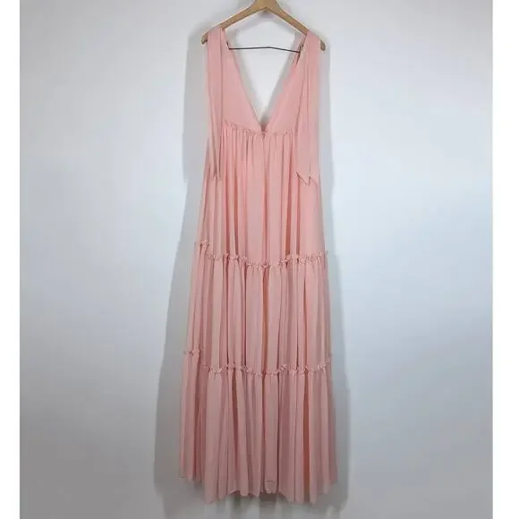 Ieena for Mac Duggal Blush Pink Tiered Chiffon Plunging V-Neck Maxi Dress 4 FLAW - Picture 3 of 13